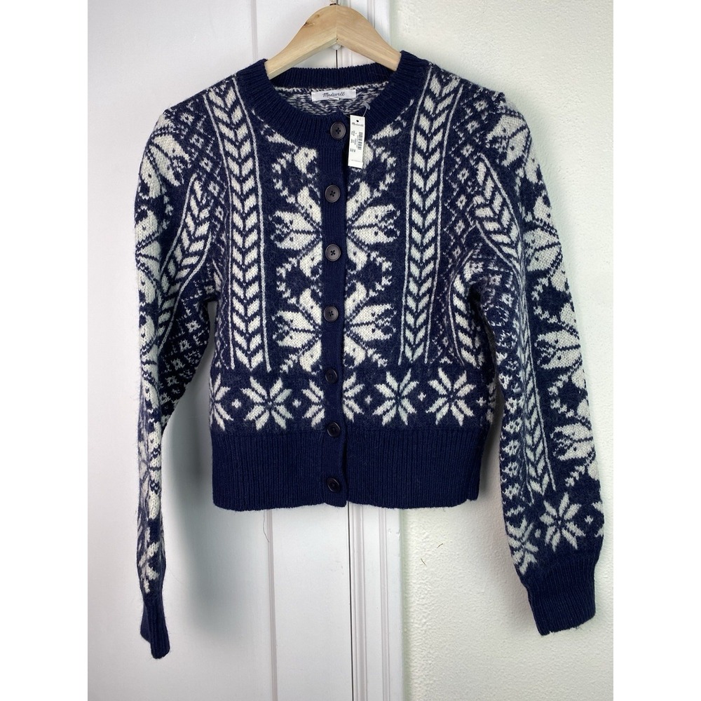 NWT NY483 Madewell Blue White Fair Isle Wool Button Up Cardigan Sweater